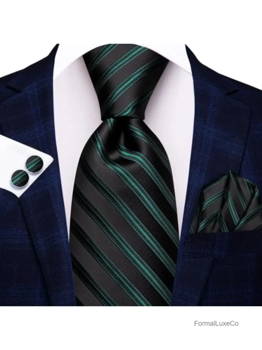 Mens Plaid Paisley Necktie Set with Handkerchief Cufflinks, Silk Blend Business